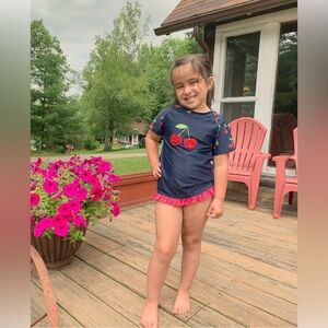 Gymboree Blue and Red Cherry Short Sleeve rashguard   Swimsuit top/size 8